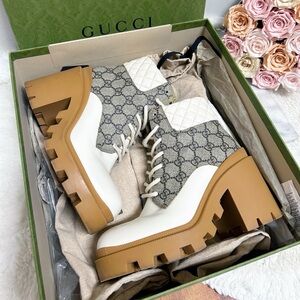 Aurhentic Gucci Supreme Monogram Trip Combat Heeled Boots